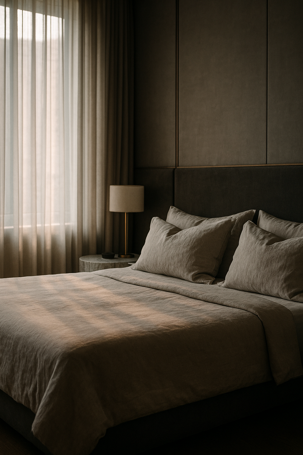 Quarto elegante com cama de tonalidade neutra, cortina translúcida filtrando luz suave, e abajur moderno ao lado. A iluminação quente cria uma atmosfera acolhedora, com foco no design minimalista e sofisticado. A paleta de cores neutras é complementada pelo painel de parede escuro, conferindo um senso de calma e tranquilidade ao espaço.